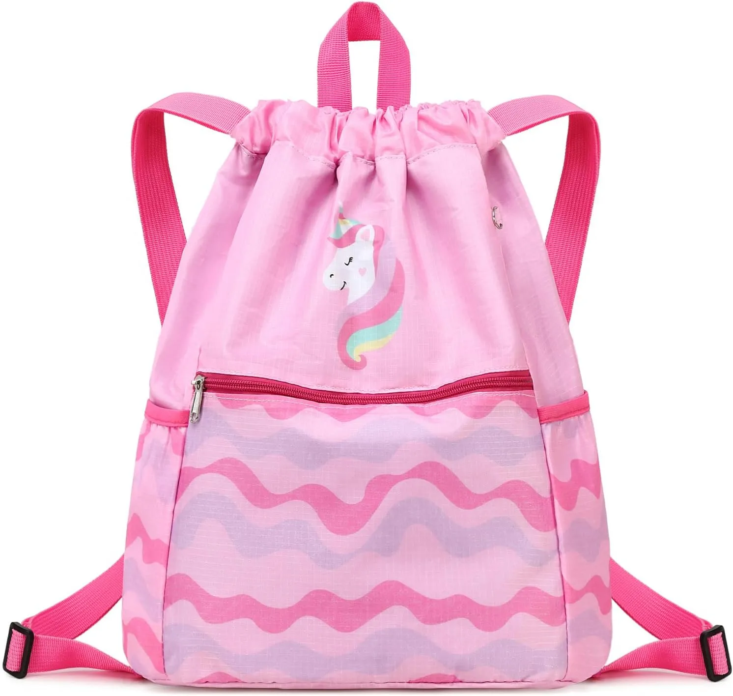 Drawstring Backpack for Girls Women Lgihtweight Large Travel Bags Sport String Bag Sackpack for Gym Shopping Yoga Bag Unicorn Pink