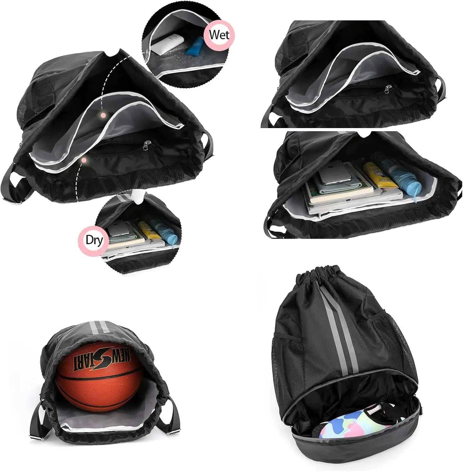 Drawstring Gym Bag for Men, Waterproof Drawstring Backpack for Women, Swim with Shoes Compartment, Pull String Sport Bag for Soccer and Basketball. (Orange)