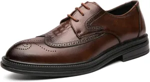 Dress Oxford for Men Lace Up Round Burnished Toe Crocodile Embossed Brogues Wingtips PU Leather Block Heel Rubber Sole Anti-Slip Prom (Color : Brown, Size : 7.5)