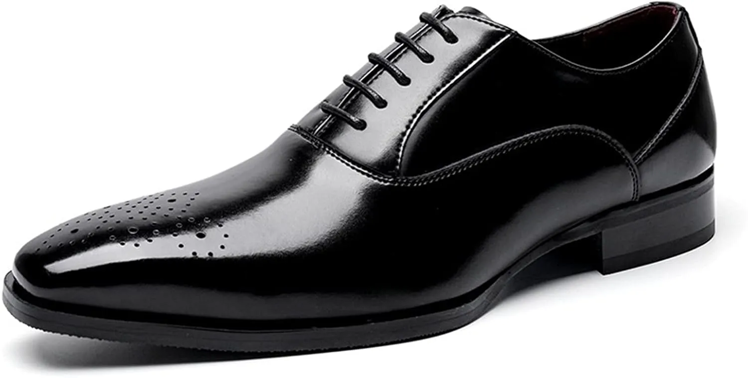Dress Oxford Shoes for Men Lace Up Square Toe Brogue Embossed Cowhide Rubber Sole Anti-Slip Resistant Non Slip Business Suitable for Many Occasions