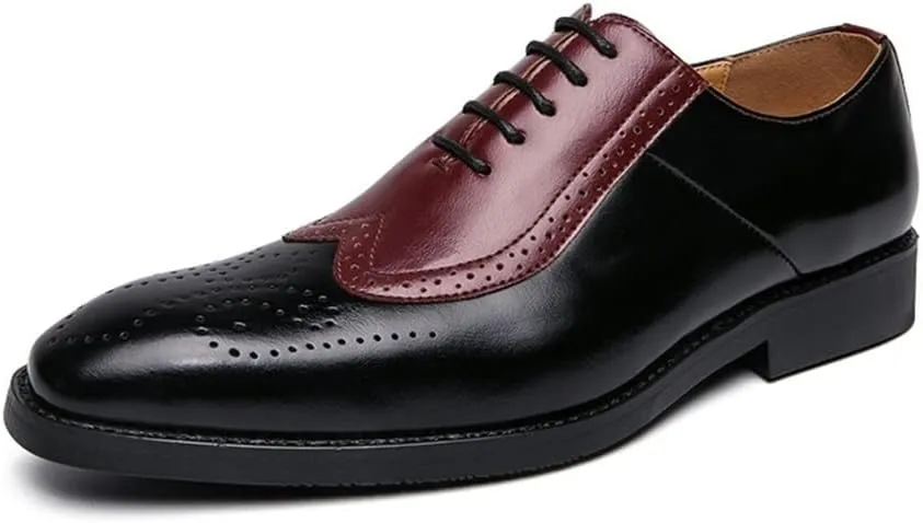 Dress Shoes for Men Lace Up Two Tone Square Toe Brogue Embossed Wing tip Vegan Leather Block Heel Anti-Slip Resistant Non Slip Rubber Sole Prom
