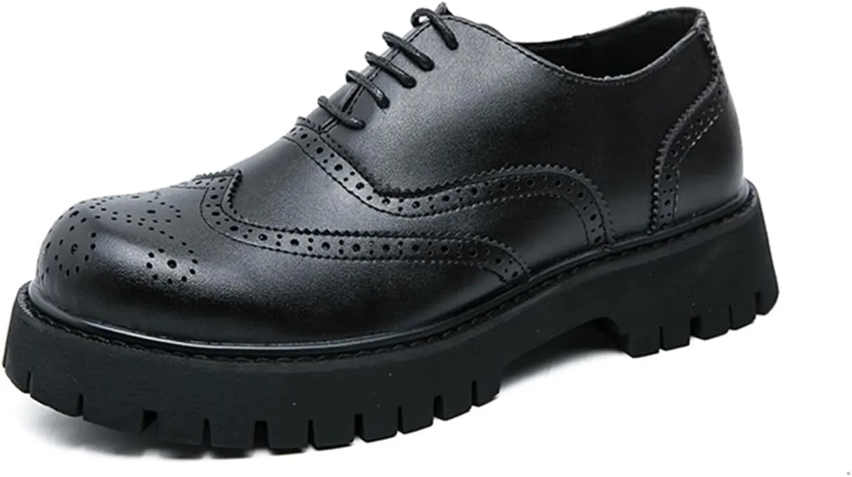 Dress Shoes for Men Men's Black Leather Lace-Up High Heel Brogues Retro Chunky Platform Oxfords for Height Increase