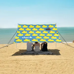 Duck Pattern Beach Canopy Tent Anti-UV & Wind Resistant, Camping Sun Shelter Easy Setup Portable,Outdoor Shade Tents with Sandbags,Sand Shovels,Ground Pegs & Stability Poles