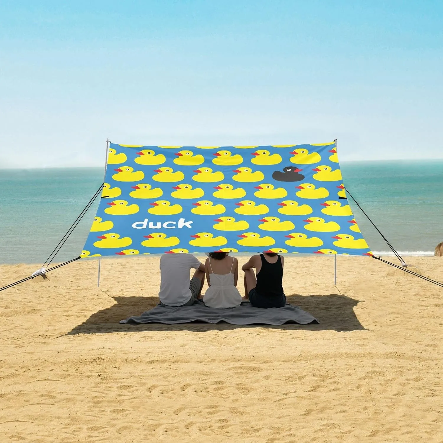 Duck Pattern Beach Canopy Tent Anti-UV & Wind Resistant, Camping Sun Shelter Easy Setup Portable,Outdoor Shade Tents with Sandbags,Sand Shovels,Ground Pegs & Stability Poles