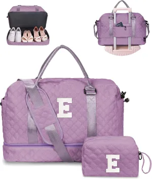 Duffle for Women with Shoe Compartment, Personalized Weekender with Shoulder Strap, Overnight Bag with Trolley Sleeve & Wet Pocket, Travel Bag with Makeup Bag (Letter E)