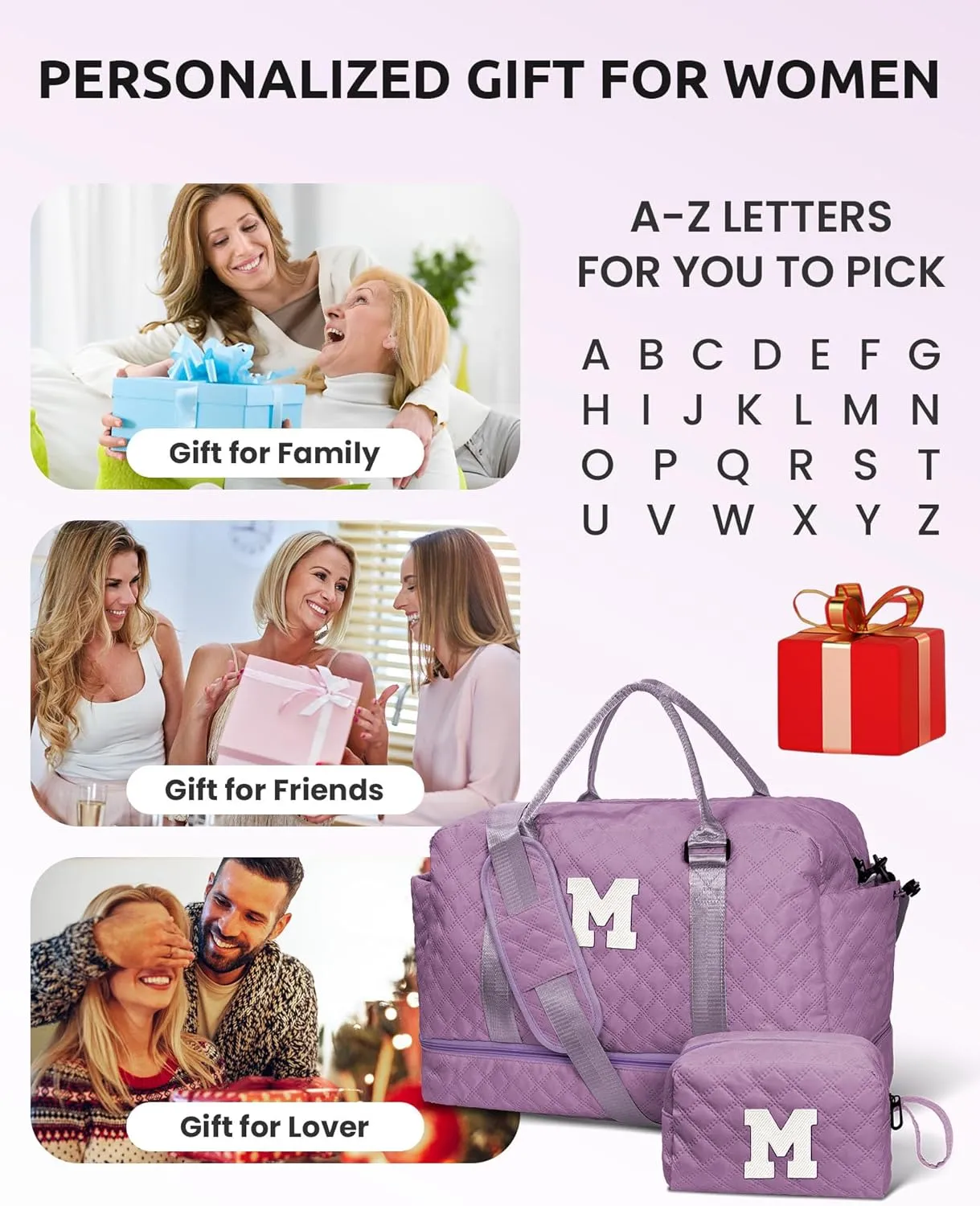 Duffle for Women with Shoe Compartment, Personalized Weekender with Shoulder Strap, Overnight Bag with Trolley Sleeve & Wet Pocket, Travel Bag with Makeup Bag (Letter E)