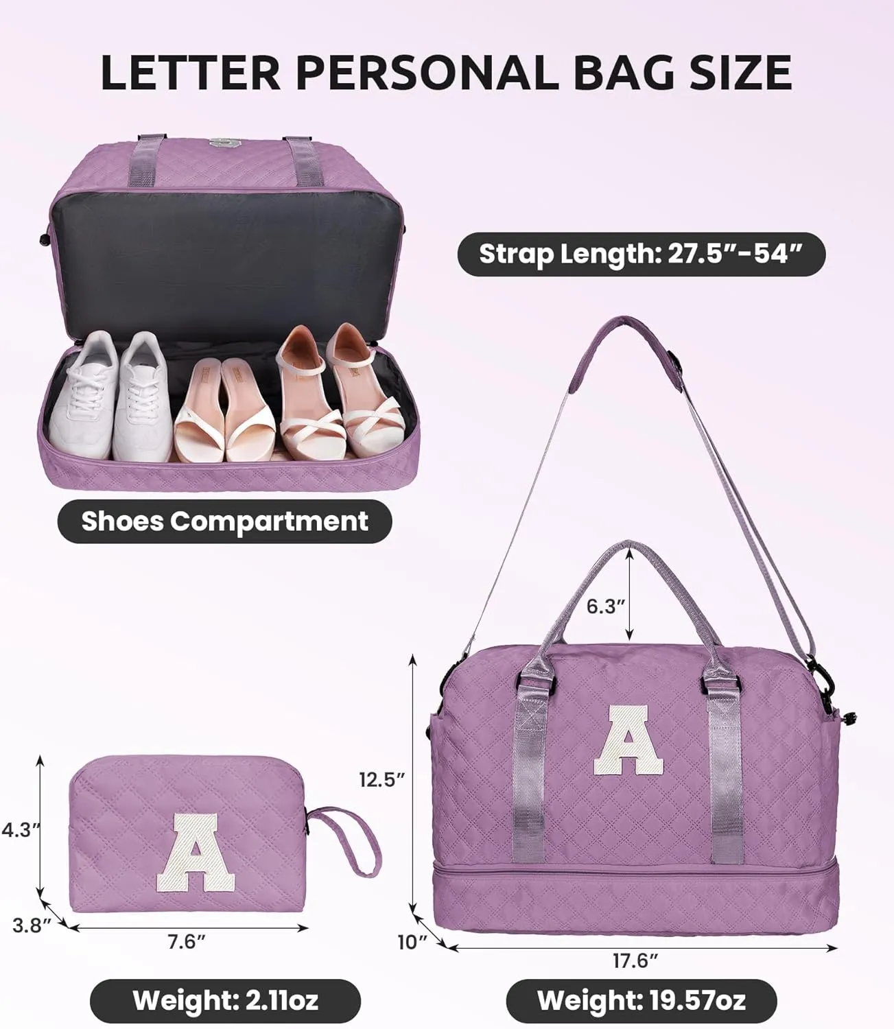 Duffle for Women with Shoe Compartment, Personalized Weekender with Shoulder Strap, Overnight Bag with Trolley Sleeve & Wet Pocket, Travel Bag with Makeup Bag (Letter E)