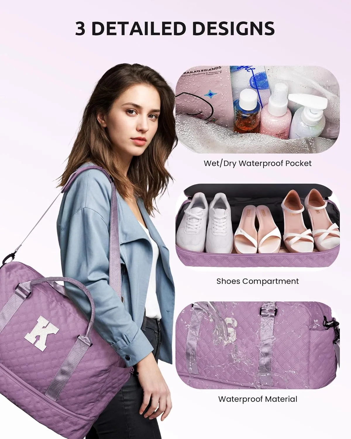 Duffle for Women with Shoe Compartment, Personalized Weekender with Shoulder Strap, Overnight Bag with Trolley Sleeve & Wet Pocket, Travel Bag with Makeup Bag (Letter E)