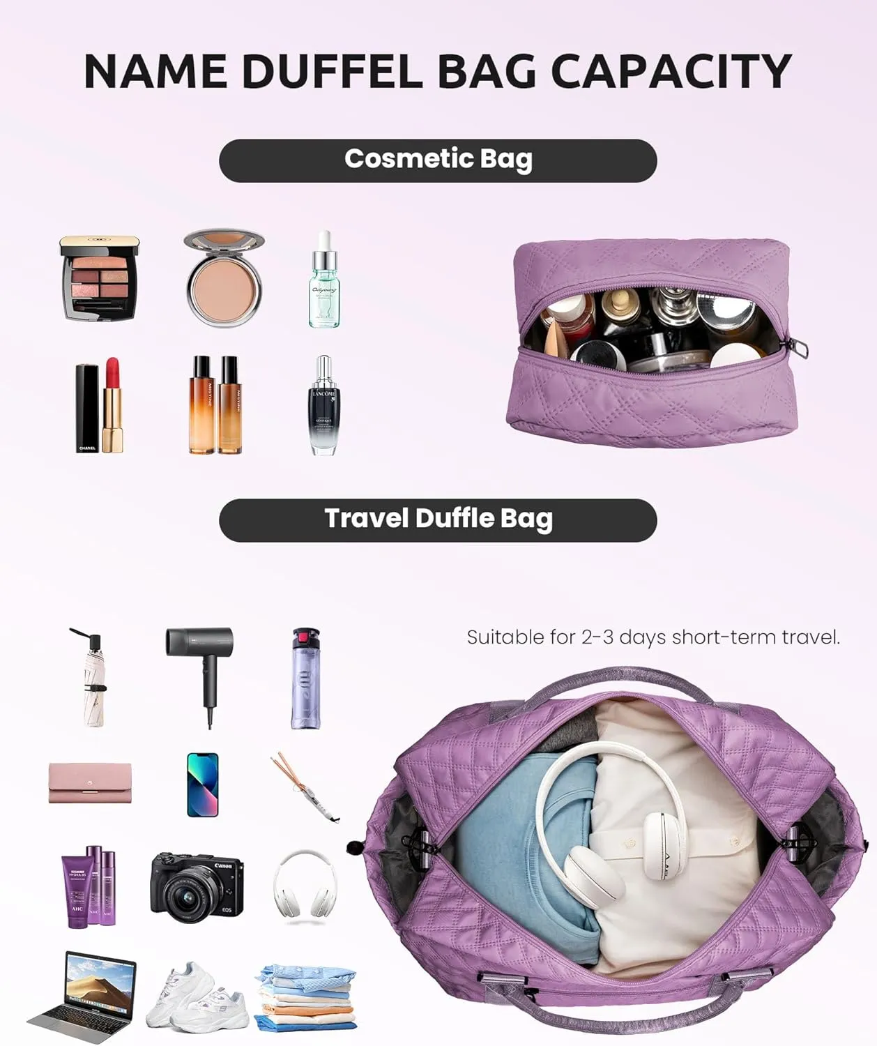 Duffle for Women with Shoe Compartment, Personalized Weekender with Shoulder Strap, Overnight Bag with Trolley Sleeve & Wet Pocket, Travel Bag with Makeup Bag (Letter E)