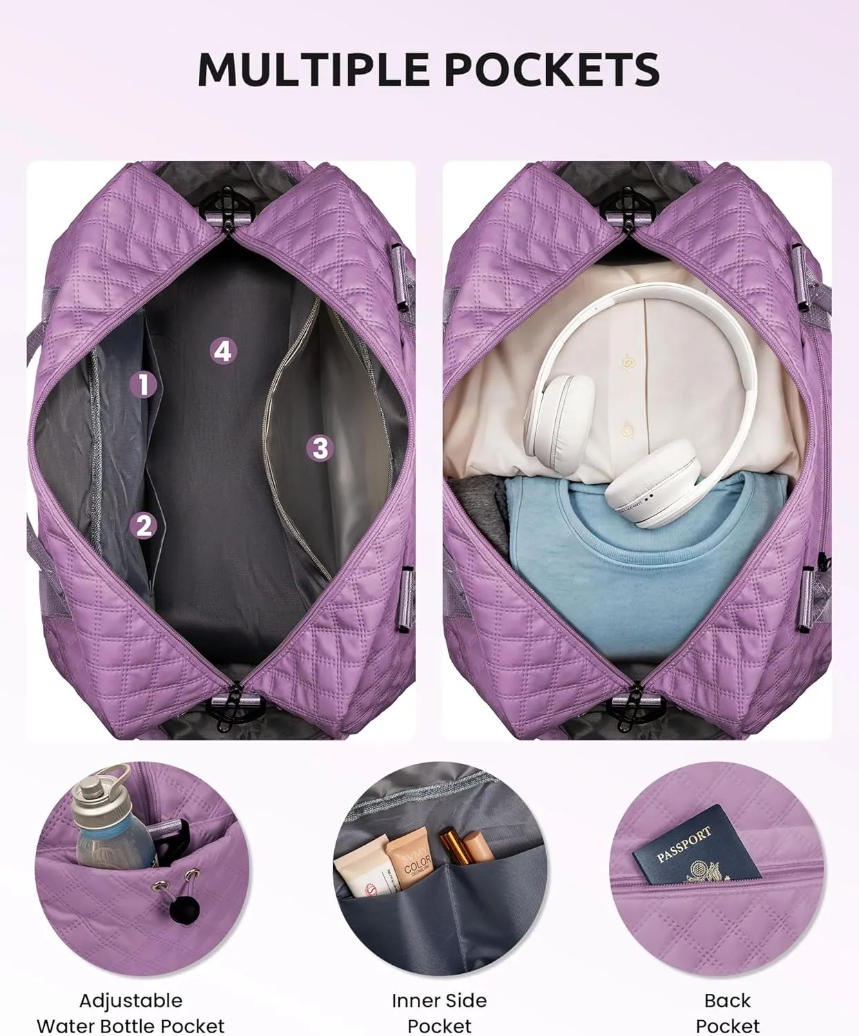 Duffle for Women with Shoe Compartment, Personalized Weekender with Shoulder Strap, Overnight Bag with Trolley Sleeve & Wet Pocket, Travel Bag with Makeup Bag (Letter E)