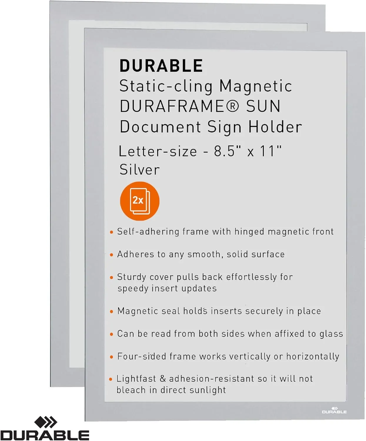 Durable Duraframe Static-Cling Magnetic Sun Document Sign Holder - Letter Size 8.5" x 11" Inch - Silver Pack of 2