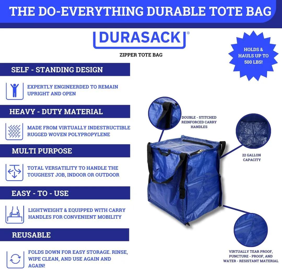 DURASACK Heavy Duty Storage Tote Bag with Zipper Top 22-Gallon Rugged Woven Polypropylene Moving Bag, Reusable Self-Standing Design, Holds up to 500 Pounds, Single, Blue