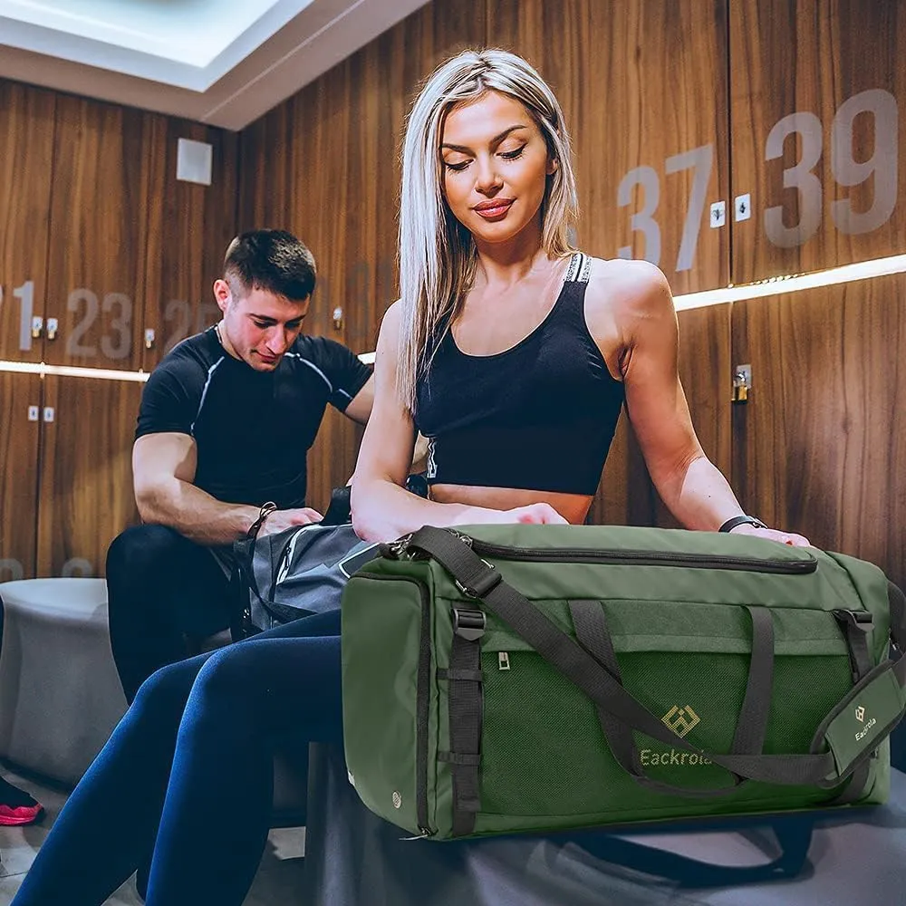 Eackrola Extra Large Sports Gym Bag, Travel Duffel bag with Wet Pocket & Shoes Compartment for men women, 85L, Lightweight （Green）