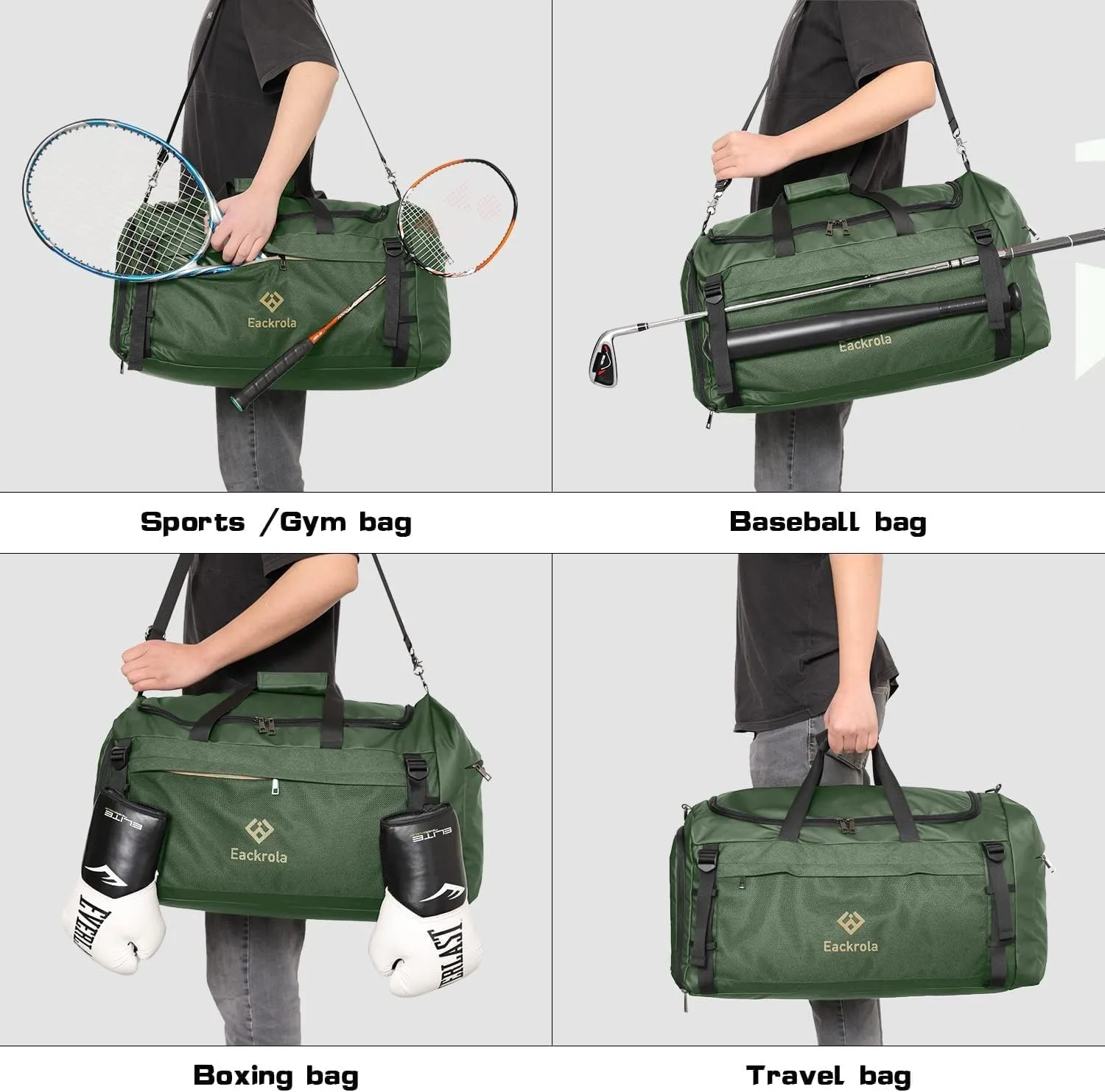 Eackrola Extra Large Sports Gym Bag, Travel Duffel bag with Wet Pocket & Shoes Compartment for men women, 85L, Lightweight （Green）