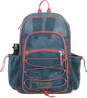 Eastsport Heavy Duty Mesh Backpack with Comfort Padded Straps and Adjustable Bungee for Work, Sports, Beach, College and Security, Coral Turquoise