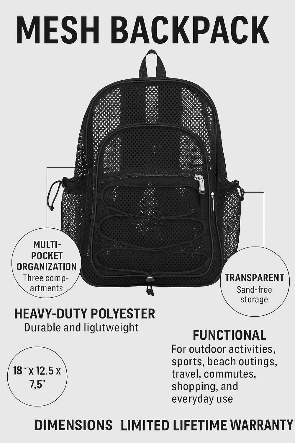 Eastsport Heavy Duty Mesh Lightweight Backpack with Adjustable Bungee for Travel, Work, Sports, Beach, College, Security Check, Large Bag 18 inches, Black