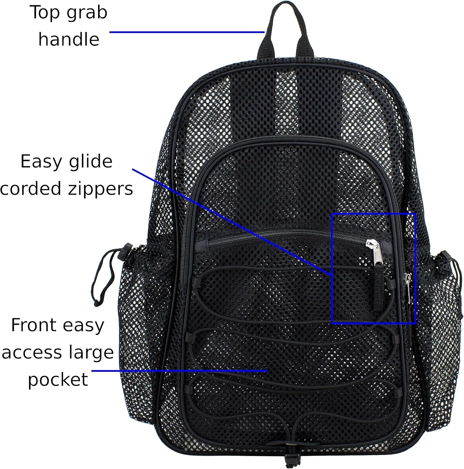 Eastsport Heavy Duty Mesh Lightweight Backpack with Adjustable Bungee for Travel, Work, Sports, Beach, College, Security Check, Large Bag 18 inches, Black