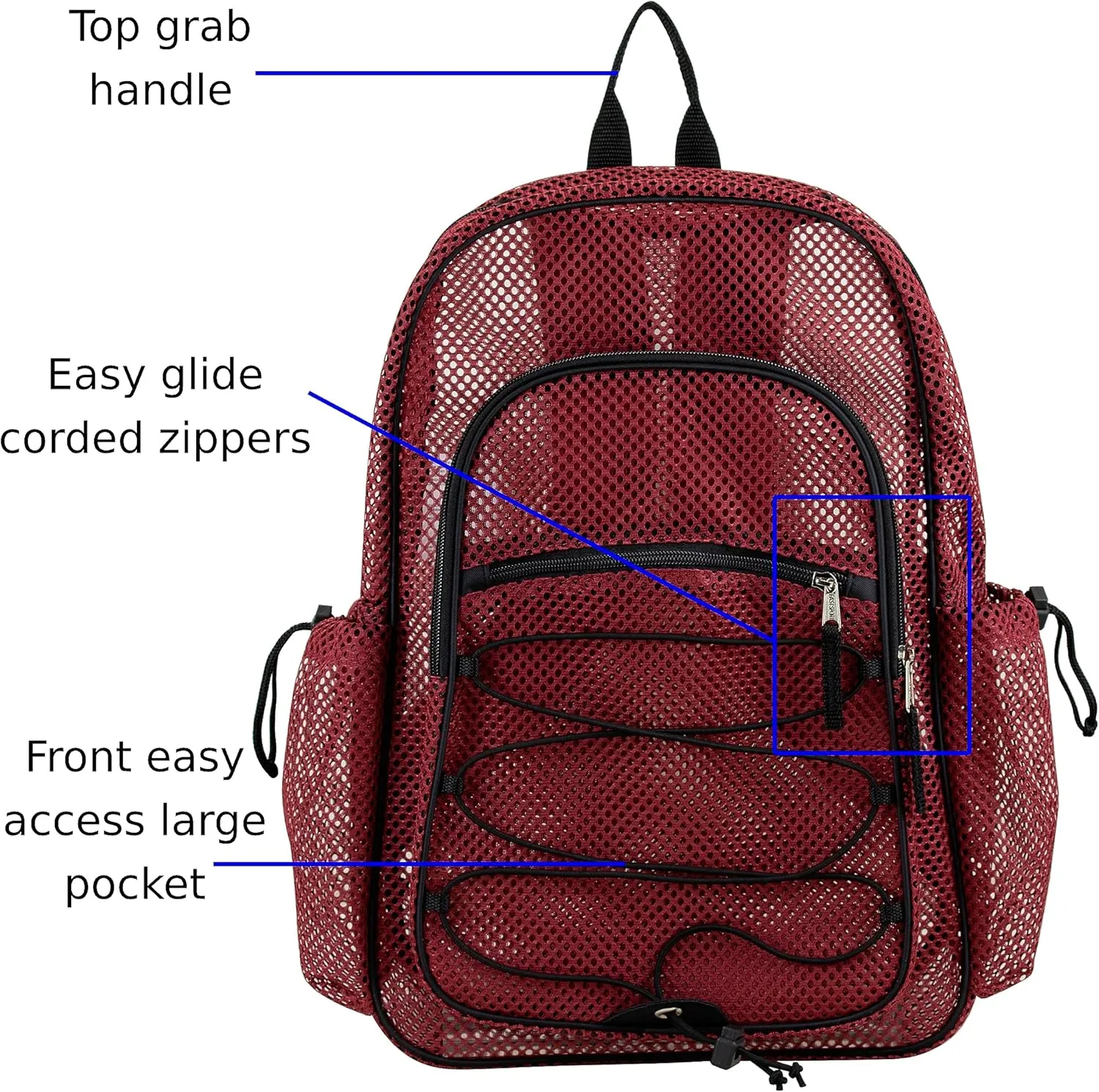 Eastsport Heavy Duty Mesh Lightweight Backpack with Adjustable Bungee for Travel, Work, Sports, Beach, College, Security Check, Large Bag 18 inches, Deepest Red