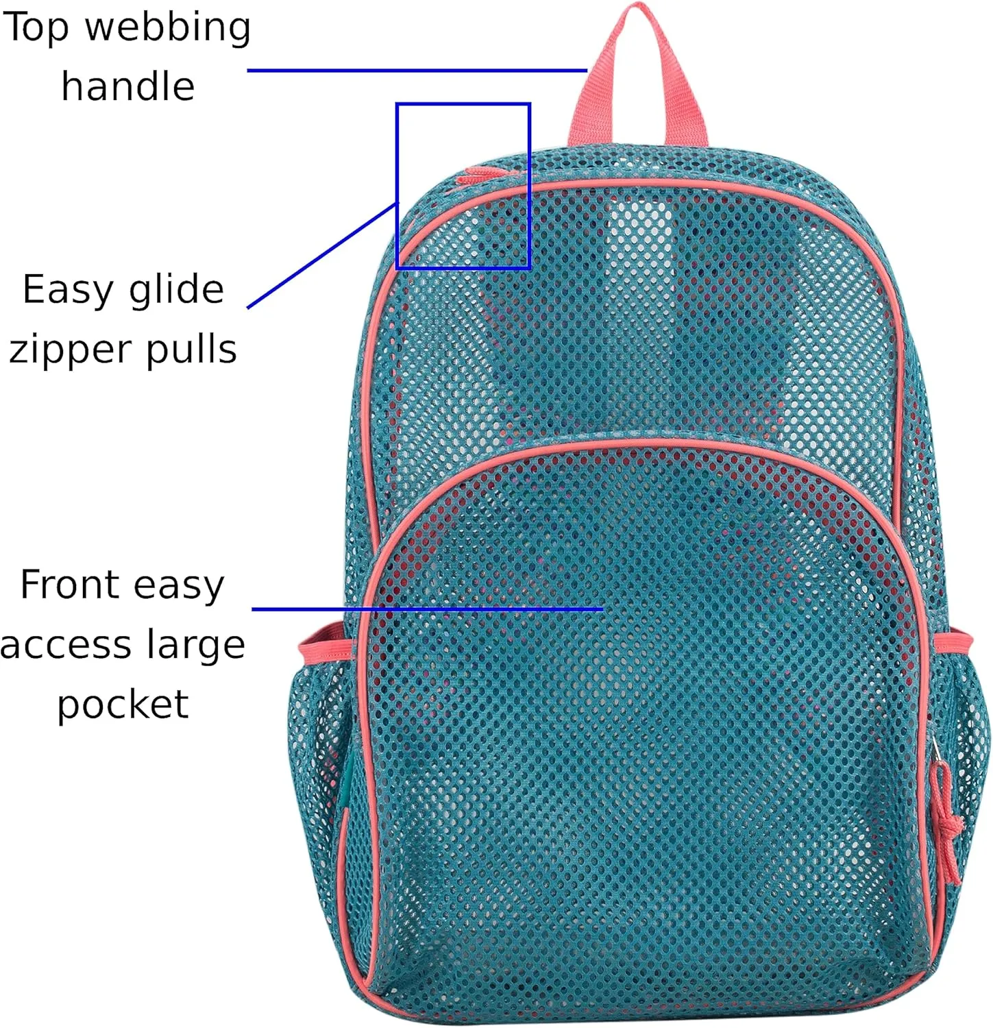 Eastsport Mesh Backpack, College Bookbag, Lightweight See Through for Travel, Swim, Gym, 17.5 Inches, Aqua Haze Sweet Coral