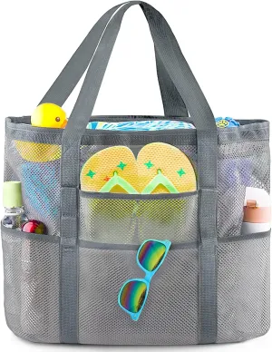 EASYFUN Beach Bag Large Mesh Beach Bag Lightweight Beach Tote with 9 Pockets Foldable Beach Accessories