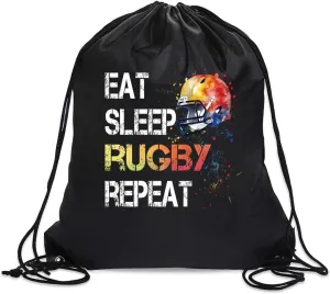 Eat Sleep Rugby Repeat Drawstring Backpack For Men Women, Waterproof Sport Sackpack For Rugby Lover Rugby Fan, Funny Birthday Christmas String Gym Bag Gifts For Her Him