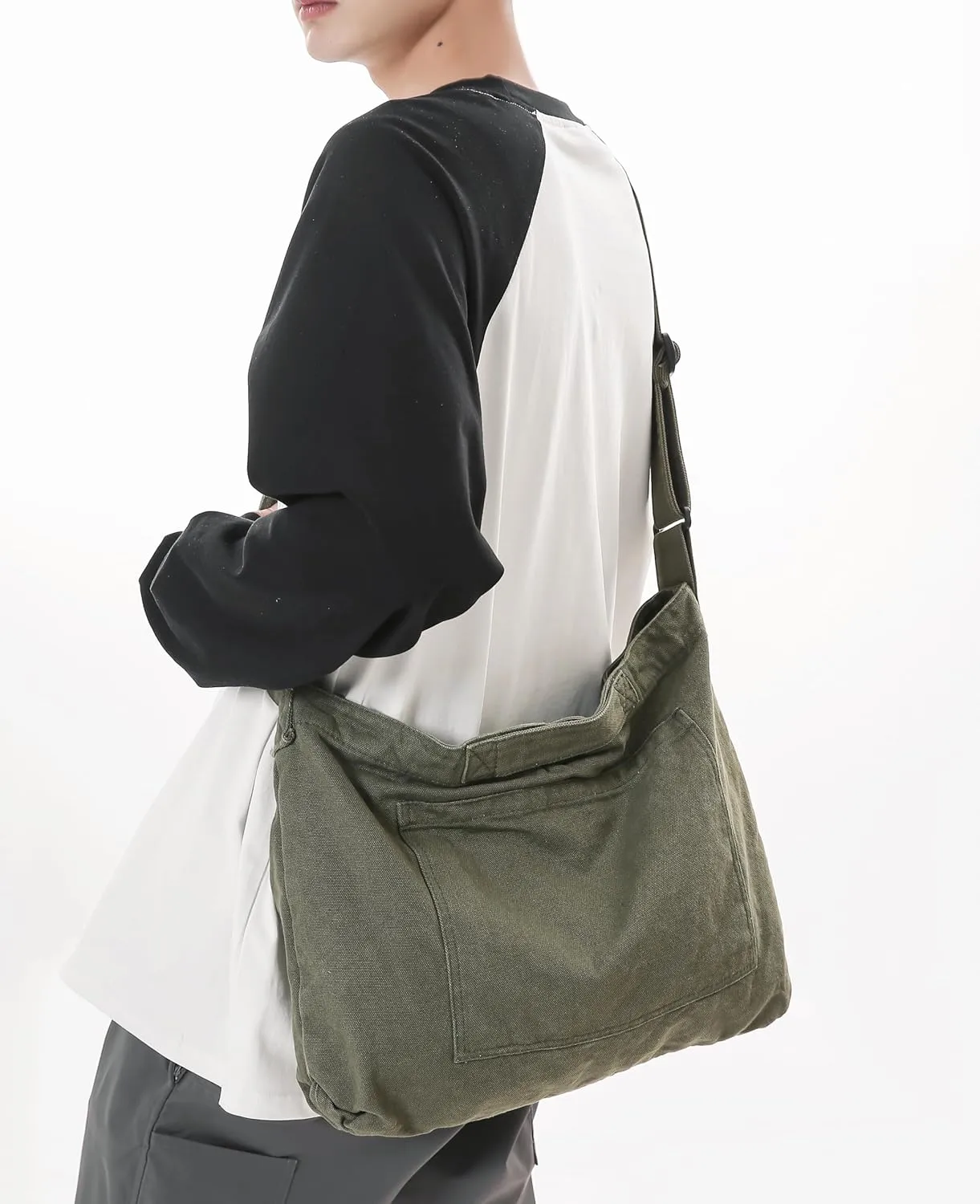 Economical Cotton Canvas Tote Bag,Women Hobo Shoulder Bag Crossbody Handbag with 3 External Pocket,Zipper Closure