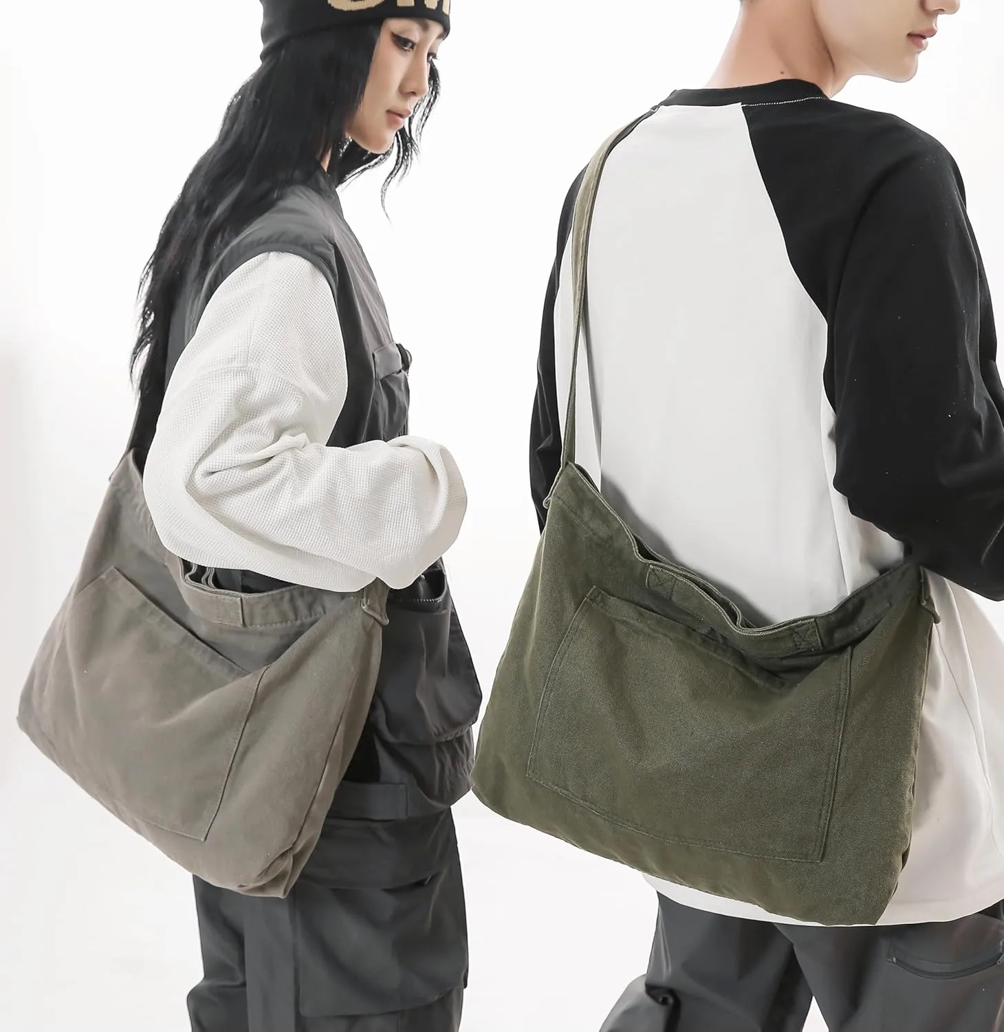 Economical Cotton Canvas Tote Bag,Women Hobo Shoulder Bag Crossbody Handbag with 3 External Pocket,Zipper Closure
