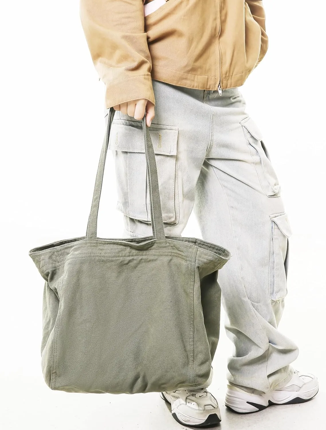 Economical Cotton Canvas Tote Bag,Women Hobo Shoulder Bag Crossbody Handbag with 3 External Pocket,Zipper Closure