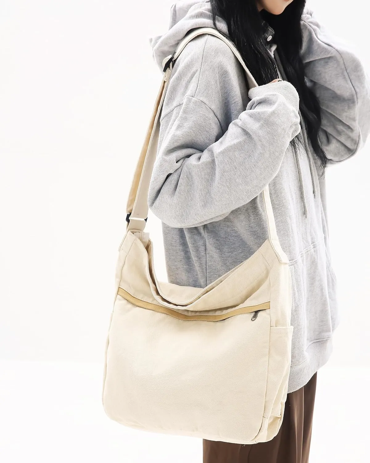 Economical Cotton Canvas Tote Bag,Women Hobo Shoulder Bag Crossbody Handbag with 3 External Pocket,Zipper Closure