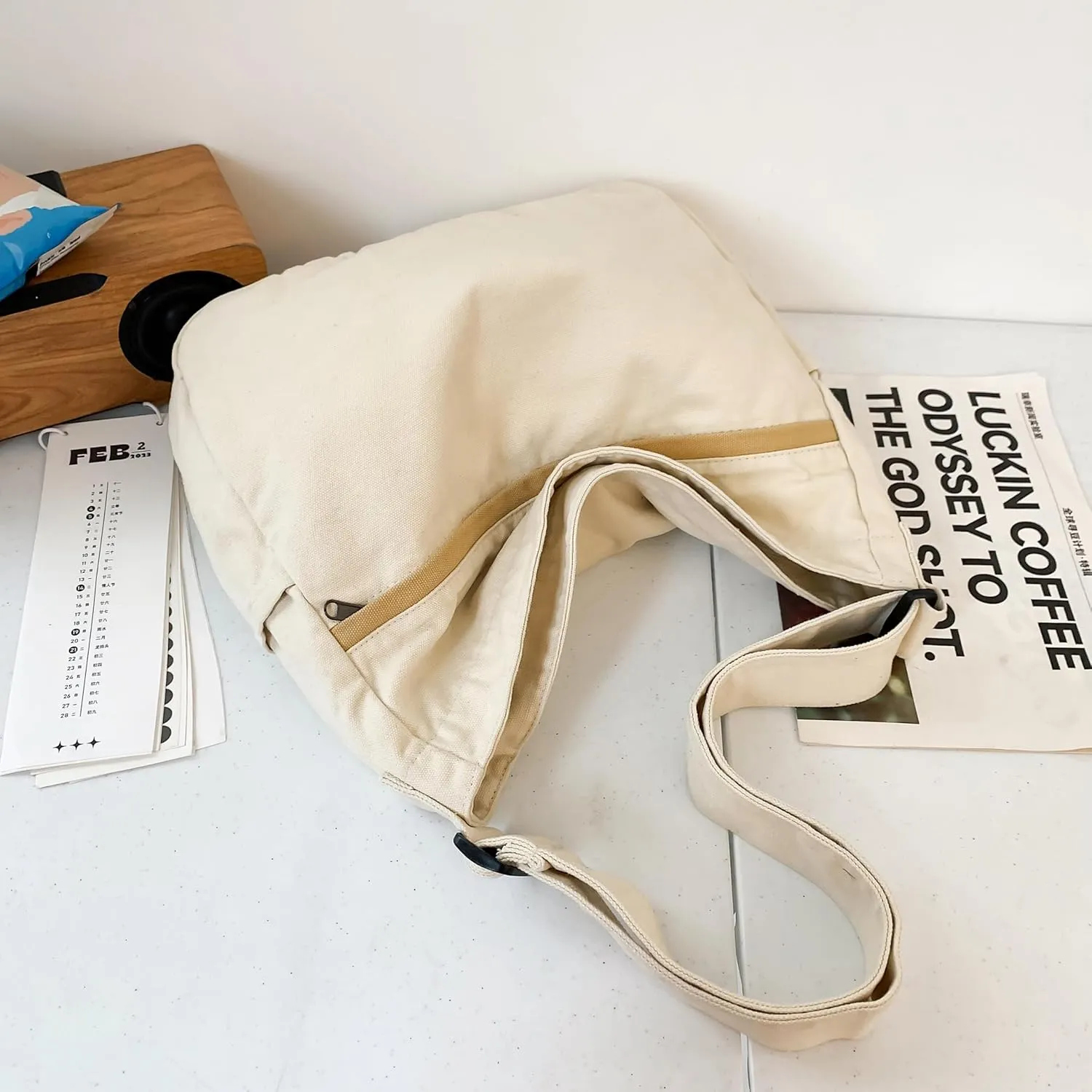 Economical Cotton Canvas Tote Bag,Women Hobo Shoulder Bag Crossbody Handbag with 3 External Pocket,Zipper Closure