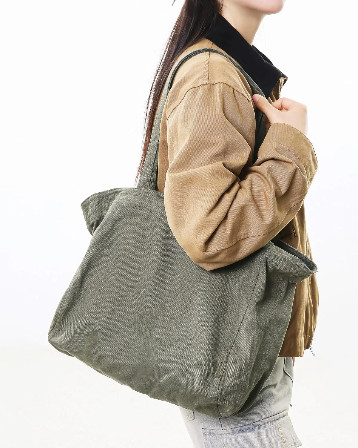 Economical Cotton Canvas Tote Bag,Women Hobo Shoulder Bag Crossbody Handbag with 3 External Pocket,Zipper Closure