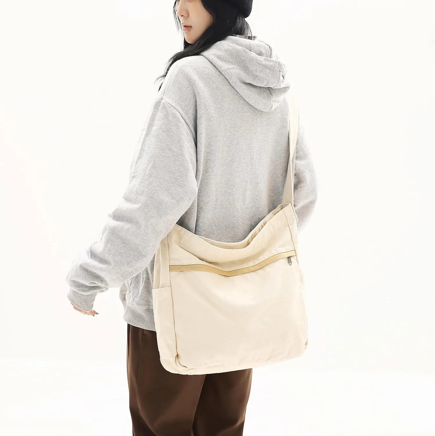 Economical Cotton Canvas Tote Bag,Women Hobo Shoulder Bag Crossbody Handbag with 3 External Pocket,Zipper Closure