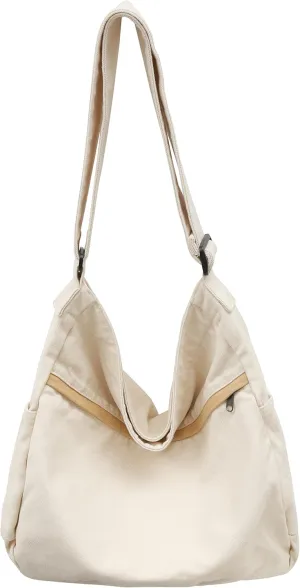 Economical Cotton Canvas Tote Bag,Women Hobo Shoulder Bag Crossbody Handbag with 3 External Pocket,Zipper Closure