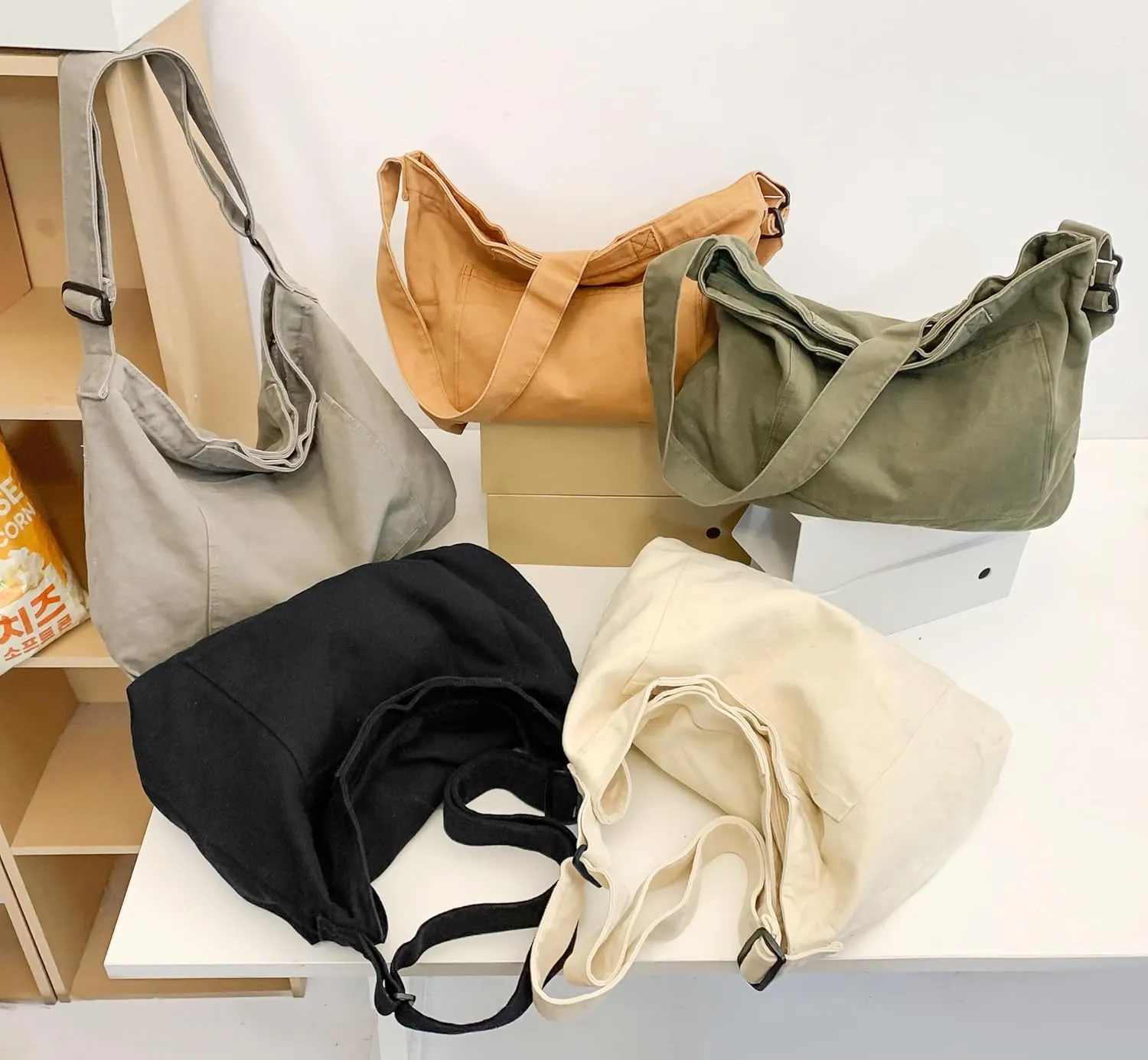 Economical Cotton Canvas Tote Bag,Women Hobo Shoulder Bag Crossbody Handbag with 3 External Pocket,Zipper Closure