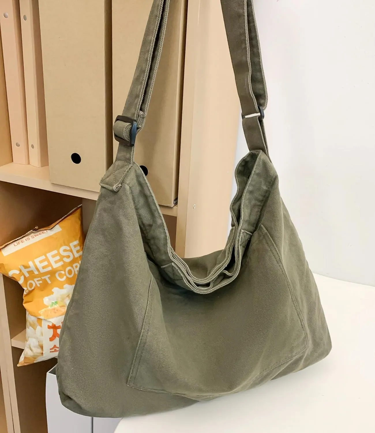 Economical Cotton Canvas Tote Bag,Women Hobo Shoulder Bag Crossbody Handbag with 3 External Pocket,Zipper Closure