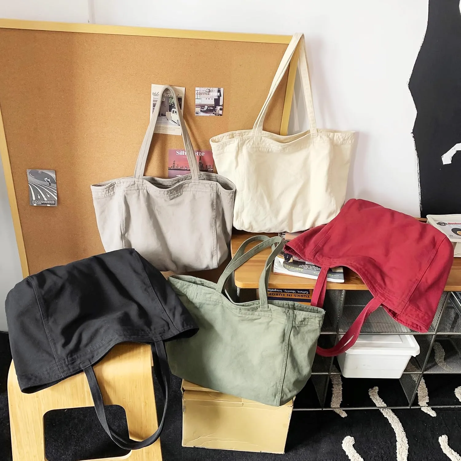 Economical Cotton Canvas Tote Bag,Women Hobo Shoulder Bag Crossbody Handbag with 3 External Pocket,Zipper Closure