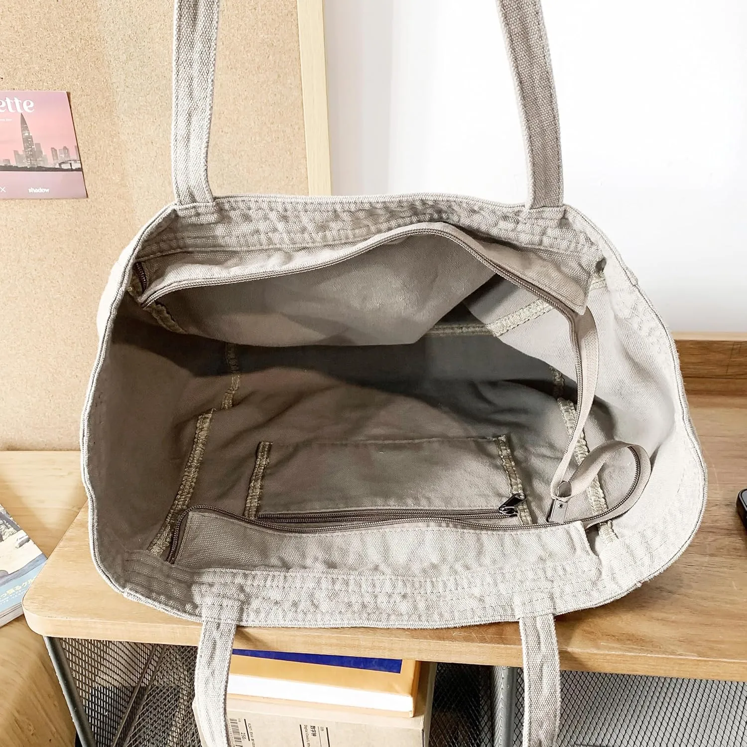 Economical Cotton Canvas Tote Bag,Women Hobo Shoulder Bag Crossbody Handbag with 3 External Pocket,Zipper Closure