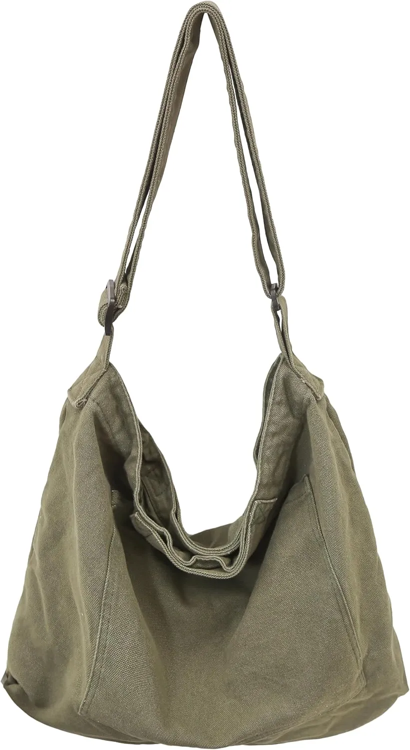 Economical Cotton Canvas Tote Bag,Women Hobo Shoulder Bag Crossbody Handbag with 3 External Pocket,Zipper Closure