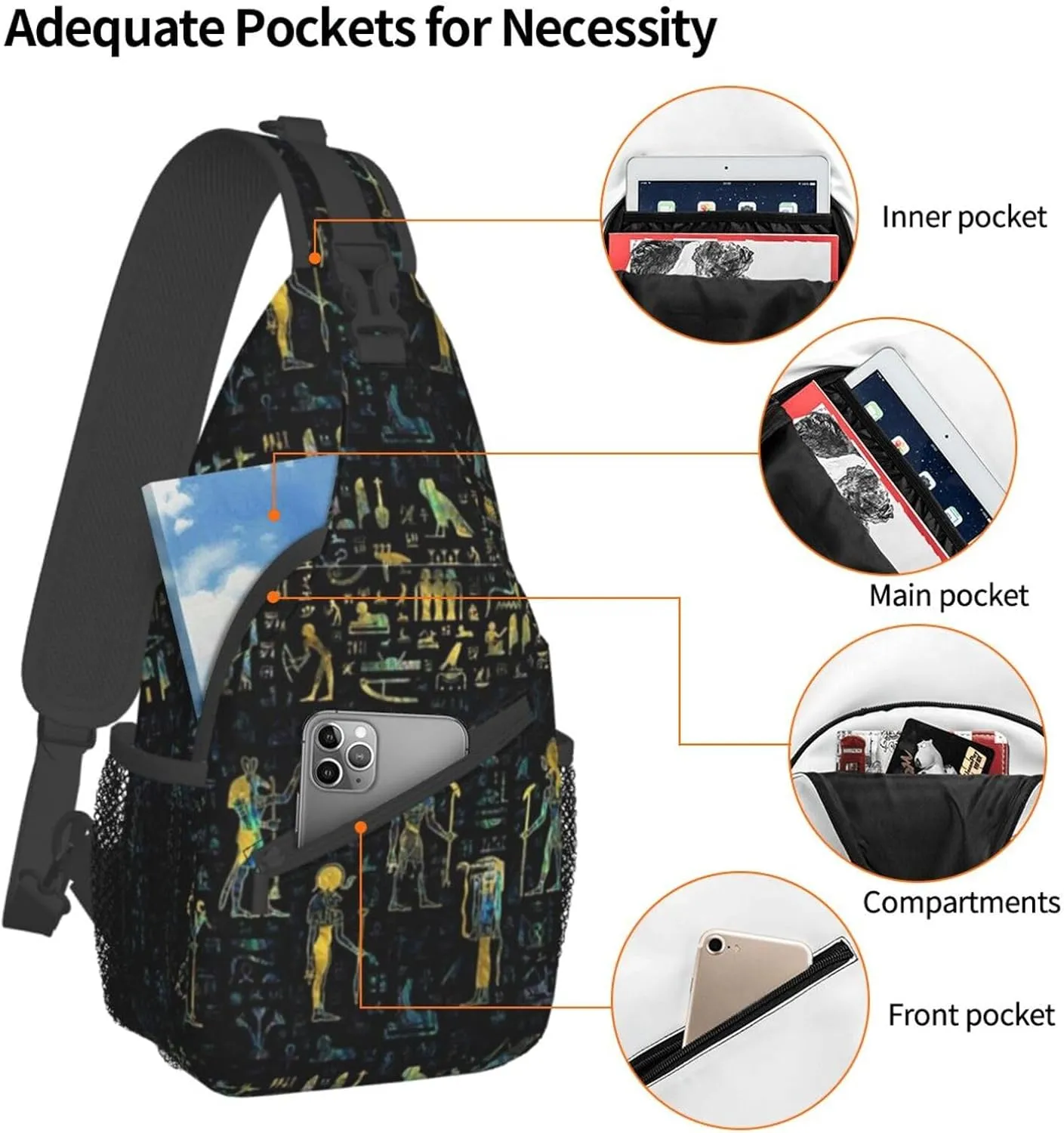 Egyptian Notes Crossbody Bag Hieroglyphs Shoulder Bag Backpack Ancient Egyptian Sling Bag Chest Casual Daypack