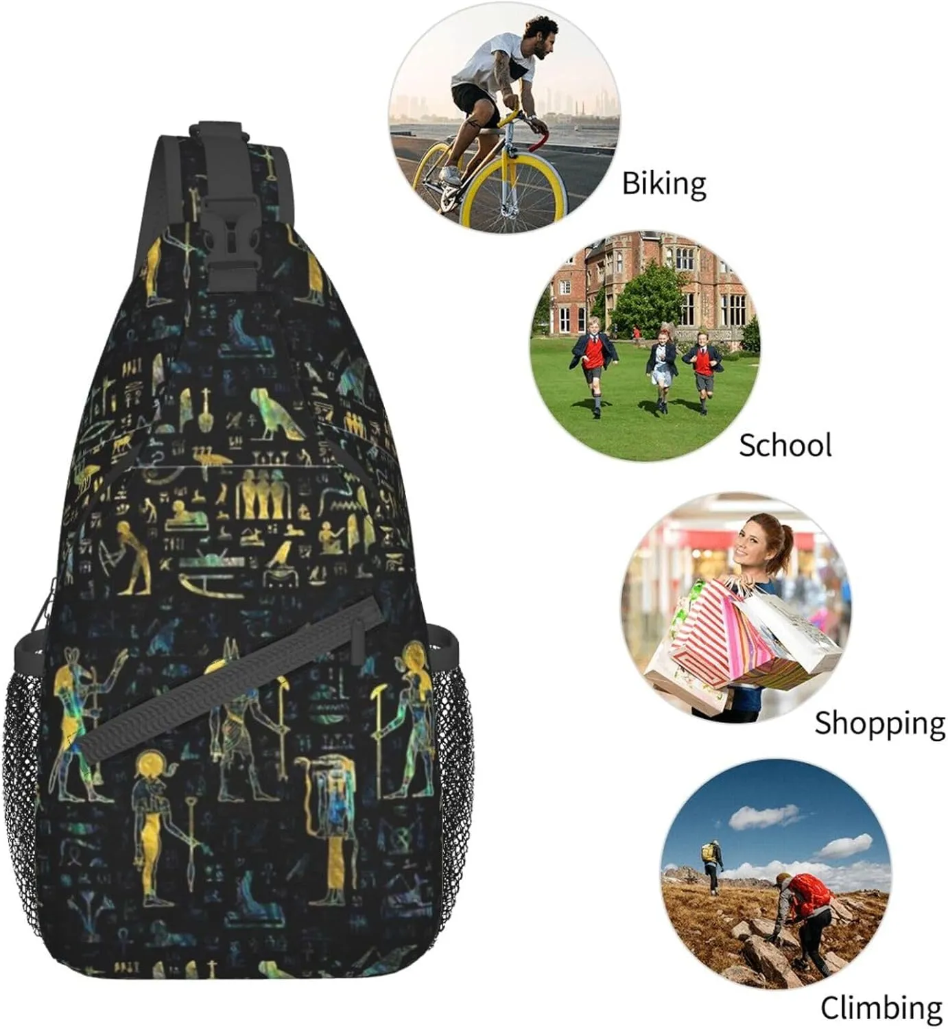 Egyptian Notes Crossbody Bag Hieroglyphs Shoulder Bag Backpack Ancient Egyptian Sling Bag Chest Casual Daypack