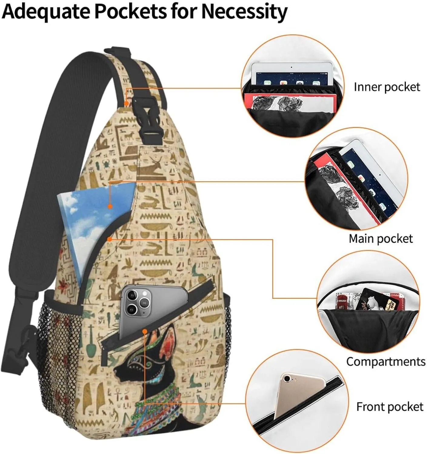 Egyptian Notes Crossbody Bag Hieroglyphs Shoulder Bag Backpack Ancient Egyptian Sling Bag Chest Casual Daypack