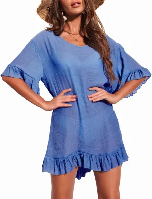 Ekouaer Womens Swimsuit Coverup V Neck Bathing Suit Beach Dress Sexy Ruffle Sleeves Bikini Cover Up Loose Top XS-3XL