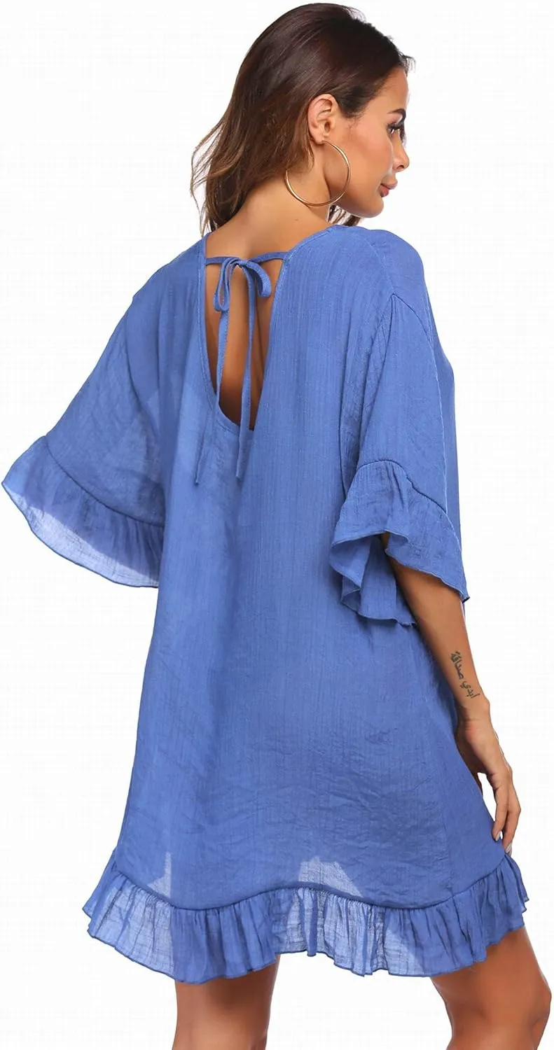 Ekouaer Womens Swimsuit Coverup V Neck Bathing Suit Beach Dress Sexy Ruffle Sleeves Bikini Cover Up Loose Top XS-3XL