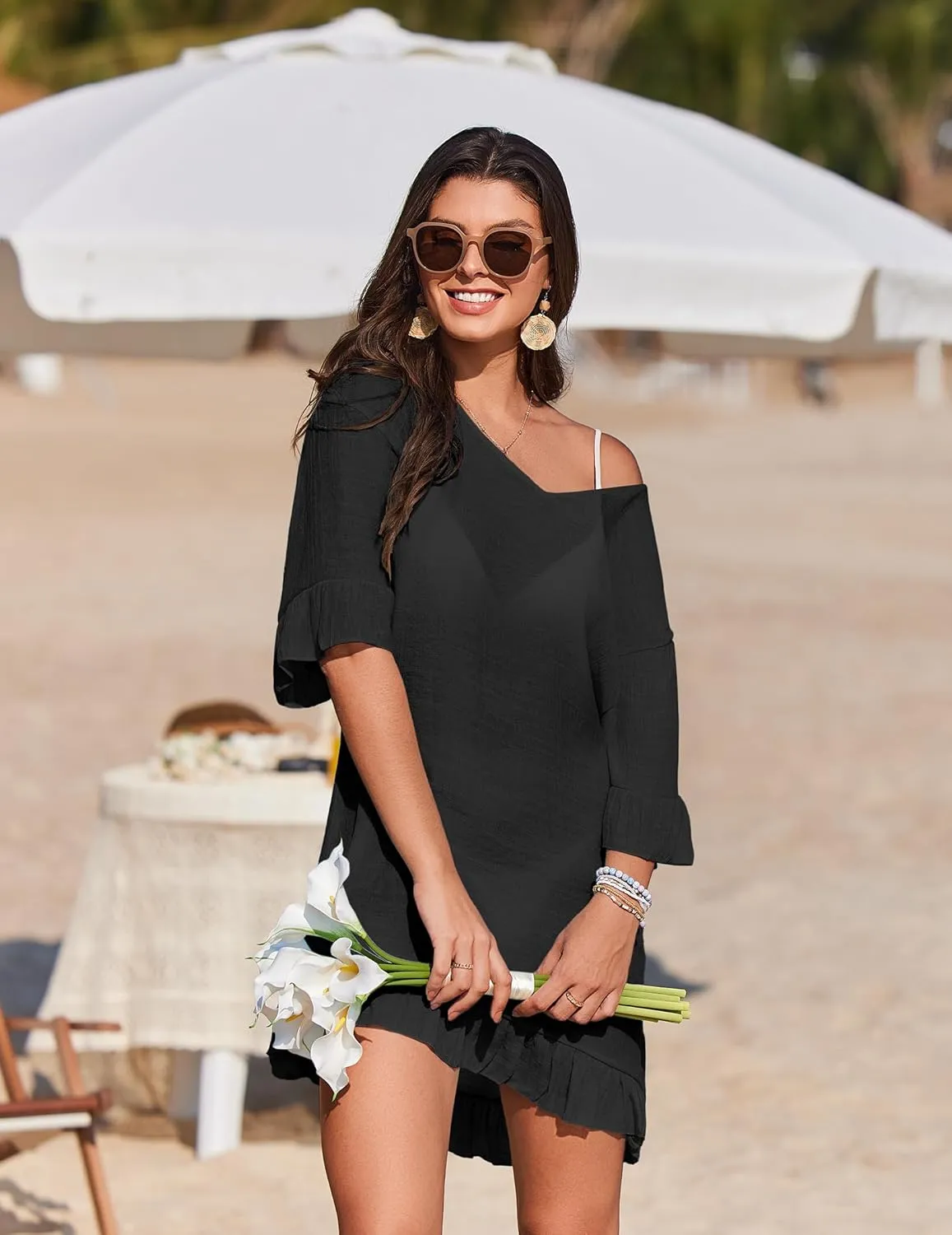 Ekouaer Womens Swimsuit Coverup V Neck Bathing Suit Beach Dress Sexy Ruffle Sleeves Bikini Cover Up Loose Top XS-3XL