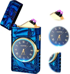 Electric Lighters - Rechargeable USB, Windproof, Flameless Plasma Dual Arc, Metal Cool Lighters with Clock Dial for Candle, Candlestick (Blue)