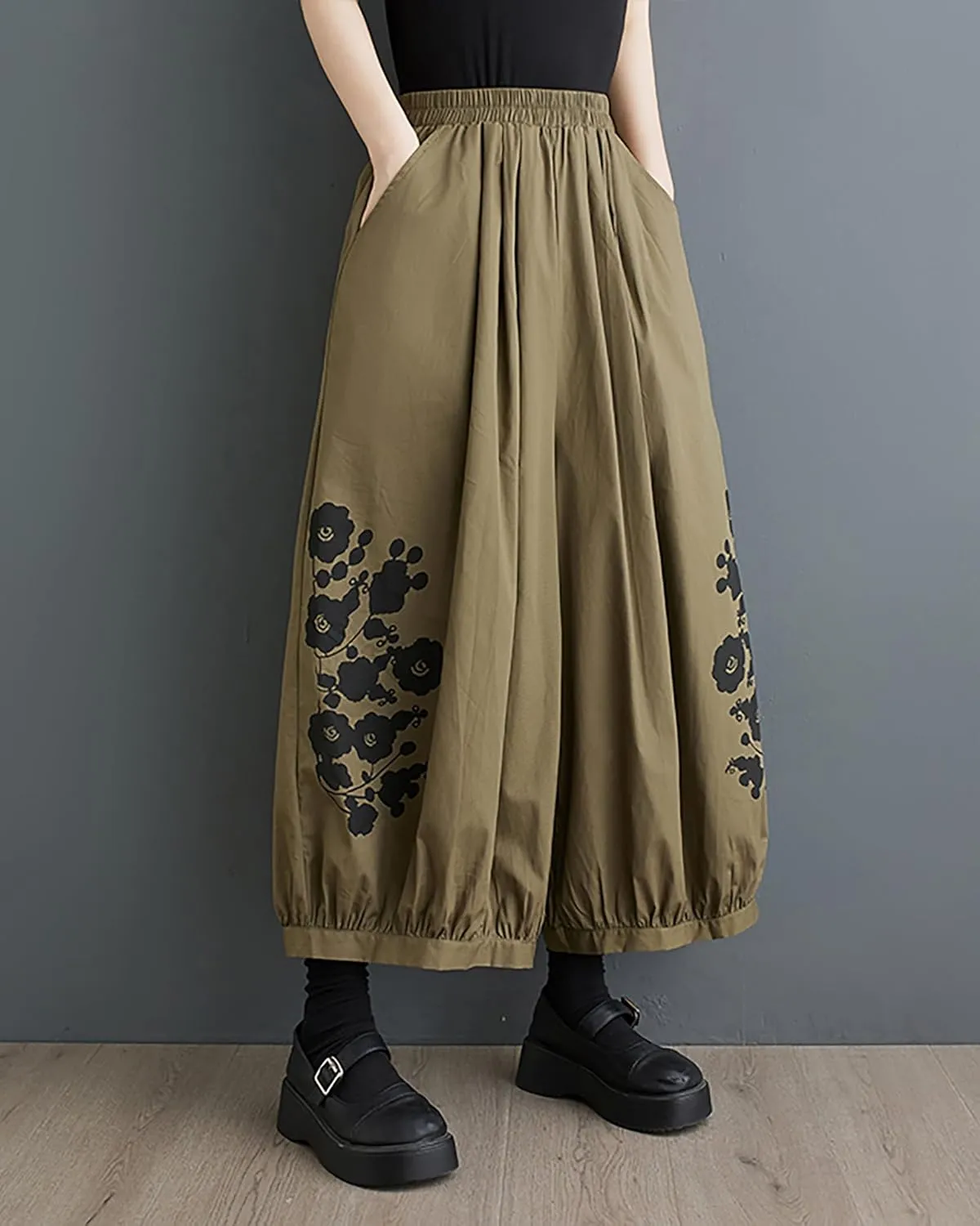 ellazhu Women's Puffy Drawstring Elastic Waist Drop Crotch Hakama Harem Wide Leg Pants GZ81 A