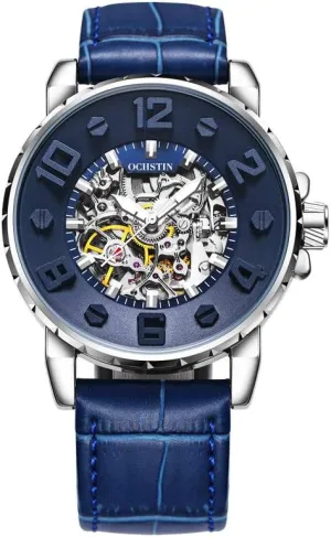 Emboss Design Hollow Men's Automatic Mechanical Watch Waterproof Business Male Leather Strap Watch