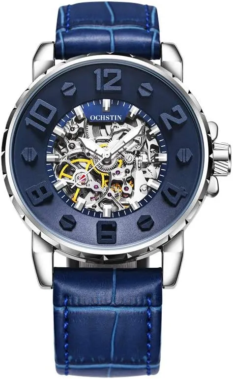 Emboss Design Hollow Men's Automatic Mechanical Watch Waterproof Business Male Leather Strap Watch