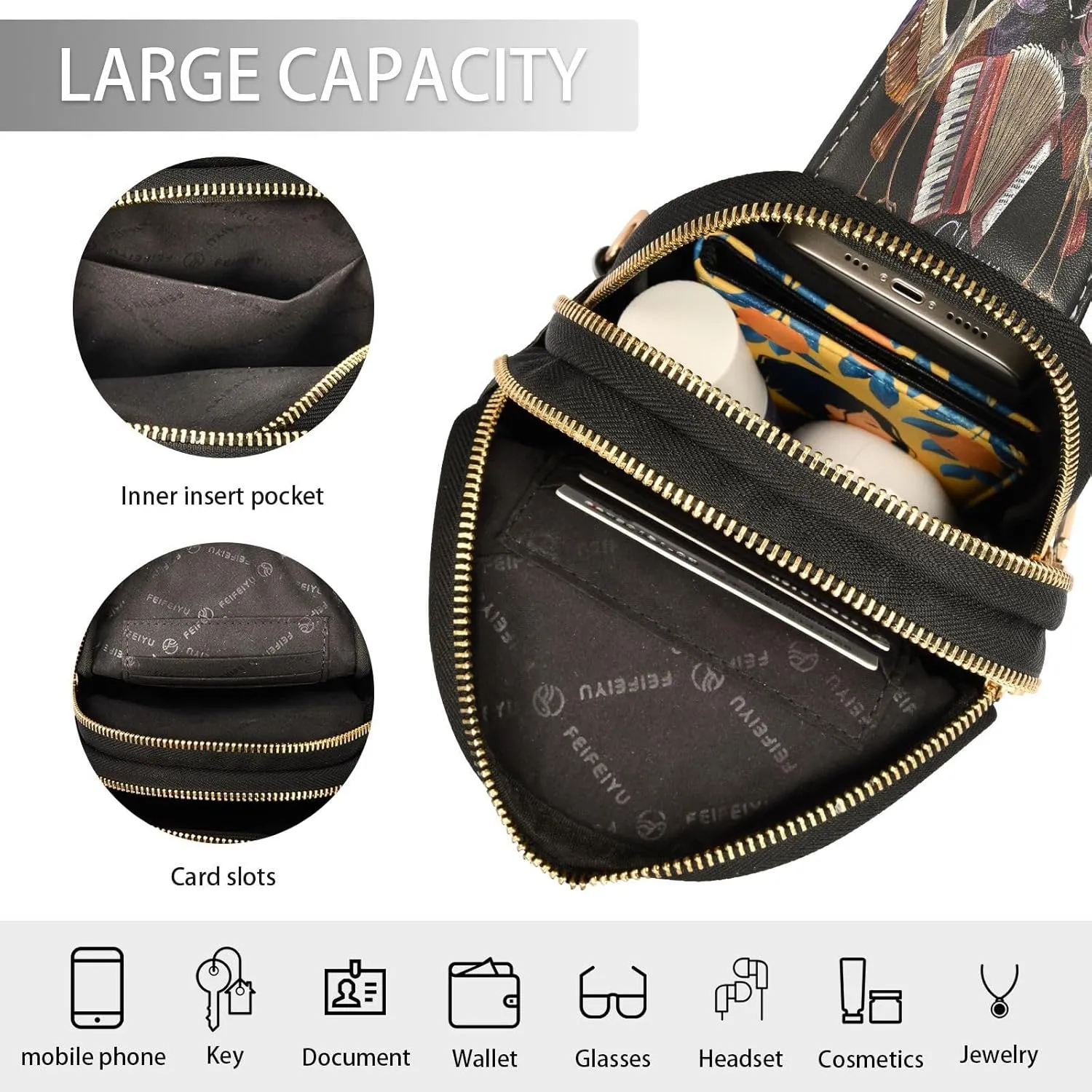 Embroidery Crane Birds Trendy Crossbody Bag Fashion Waist Packs Accordion Music Cross Body Leather Chest Bag for Women Fanny Pack Travel Outdoor