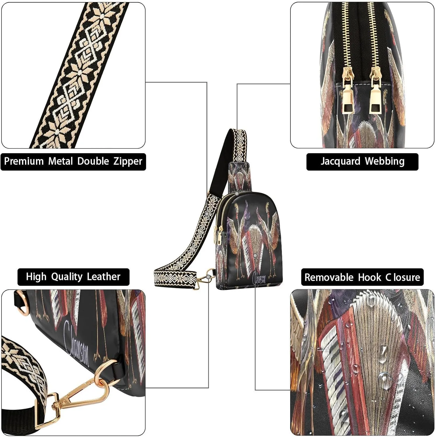Embroidery Crane Birds Trendy Crossbody Bag Fashion Waist Packs Accordion Music Cross Body Leather Chest Bag for Women Fanny Pack Travel Outdoor